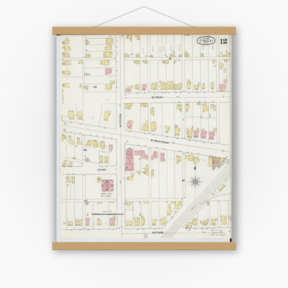 Old map wall art mockup — magnetic wood frame on white wall — Sanborn Fire Insurance Map from Findlay, Hancock County, Ohio (1895), Sheet #0012