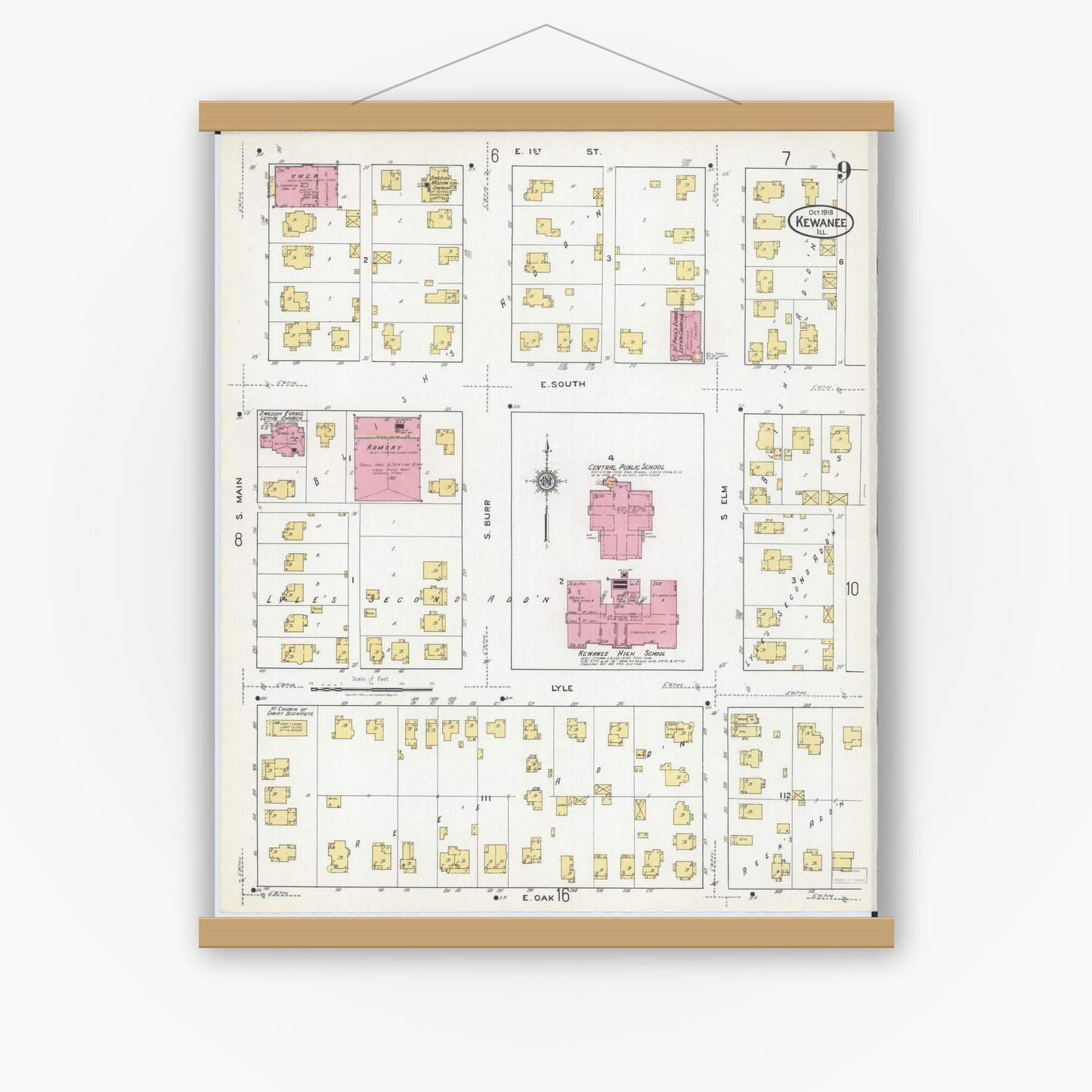 Old map wall art mockup — magnetic wood frame on white wall — Sanborn Fire Insurance Map from Kewanee, Henry County, Illinois (1918), Sheet #0009