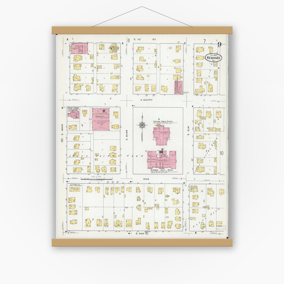 Old map wall art mockup — magnetic wood frame on white wall — Sanborn Fire Insurance Map from Kewanee, Henry County, Illinois (1918), Sheet #0009