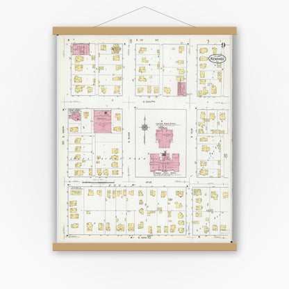 Old map wall art mockup — magnetic wood frame on white wall — Sanborn Fire Insurance Map from Kewanee, Henry County, Illinois (1918), Sheet #0009