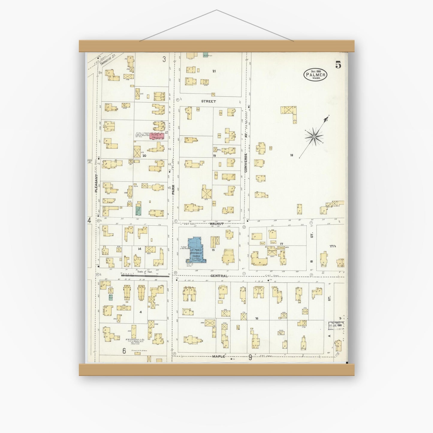 Old map wall art mockup — magnetic wood frame on white wall — Sanborn Fire Insurance Map from Palmer, Hampden County, Massachusetts (1906), Sheet #0005