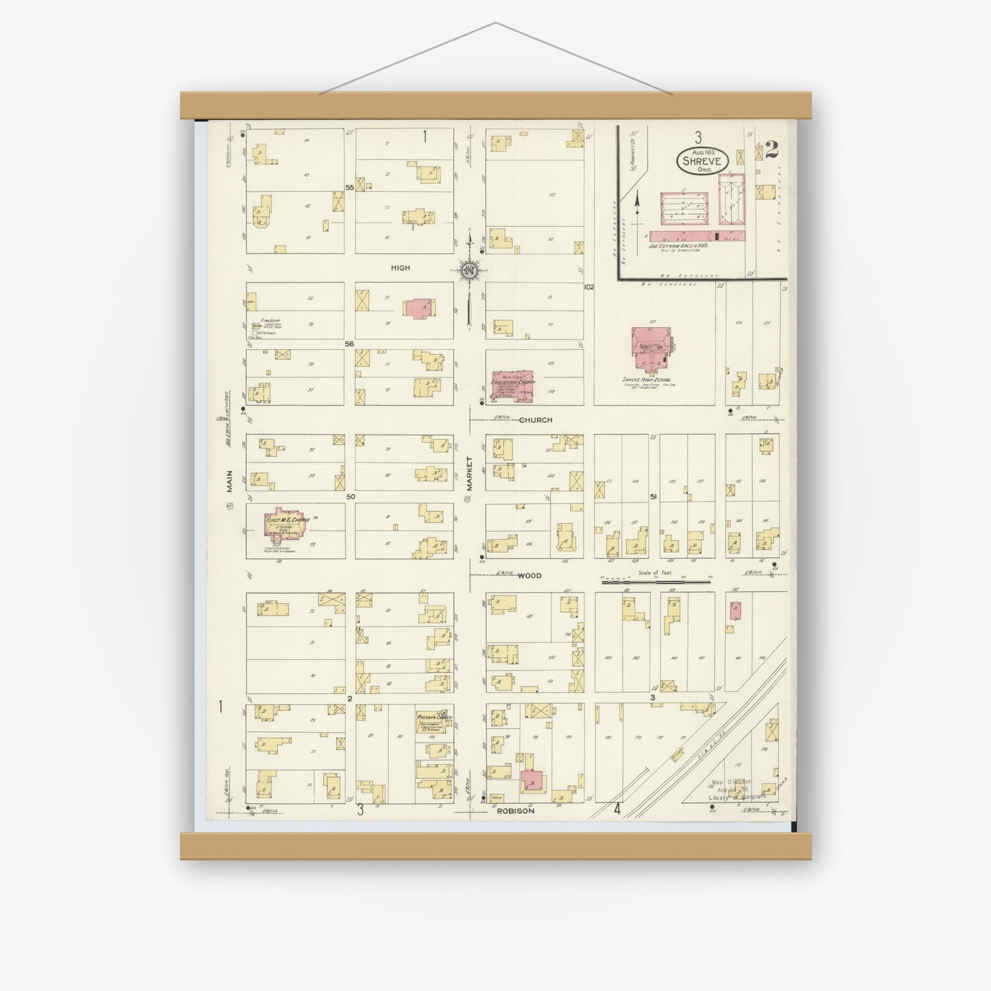 Old map wall art mockup — magnetic wood frame on white wall — Sanborn Fire Insurance Map from Shreve, Wayne County, Ohio (1913), Sheet #0002