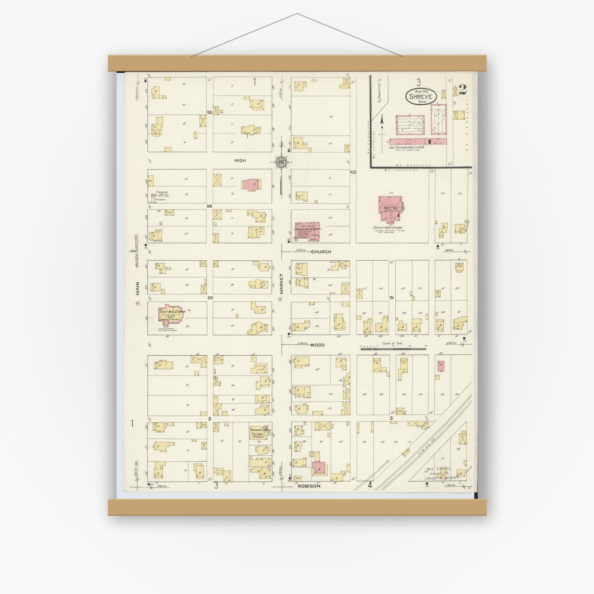 Old map wall art mockup — magnetic wood frame on white wall — Sanborn Fire Insurance Map from Shreve, Wayne County, Ohio (1913), Sheet #0002