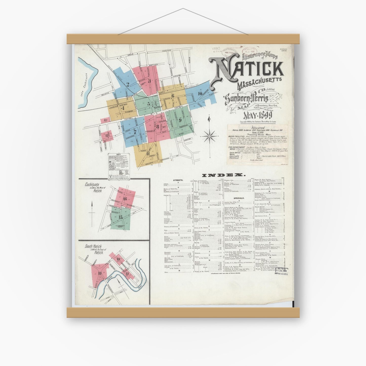 Old map wall art mockup — magnetic wood frame on white wall — Sanborn Fire Insurance Map from Natick, Middlesex County, Massachusetts (1899), Sheet #0001