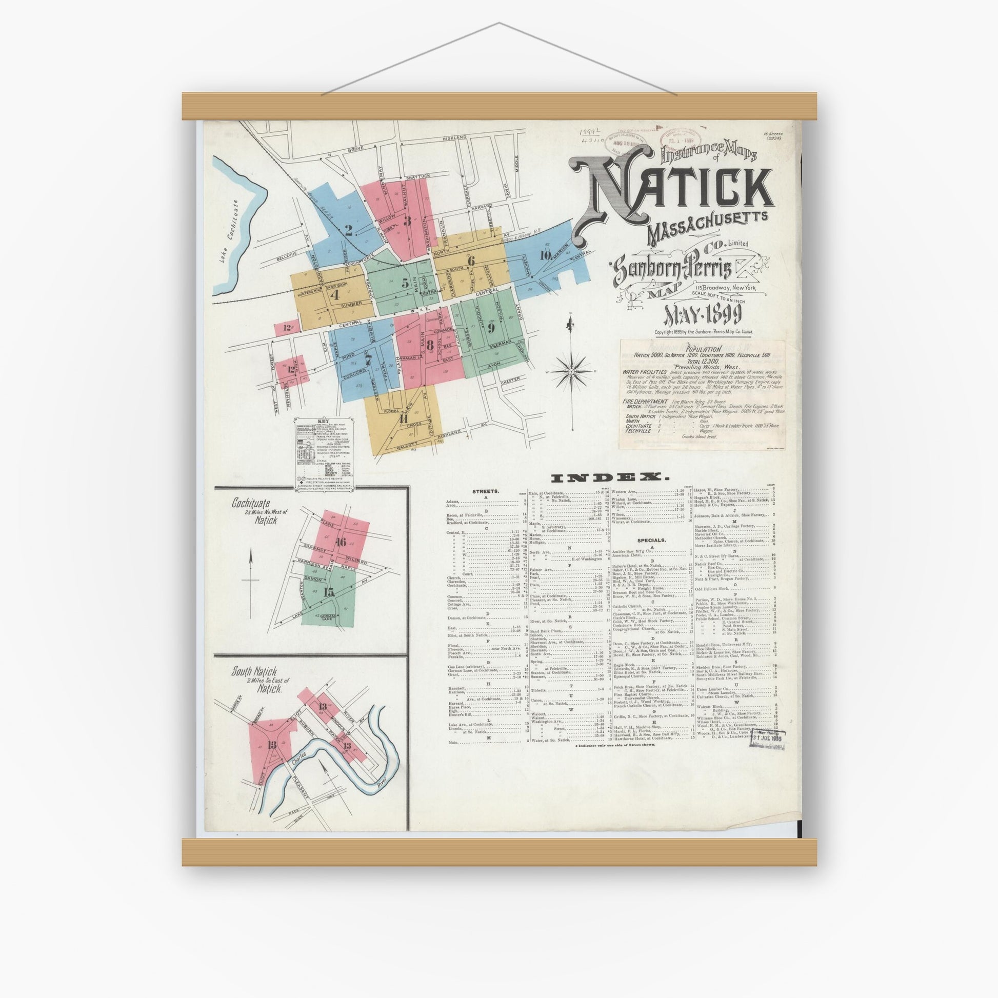 Old map wall art mockup — magnetic wood frame on white wall — Sanborn Fire Insurance Map from Natick, Middlesex County, Massachusetts (1899), Sheet #0001