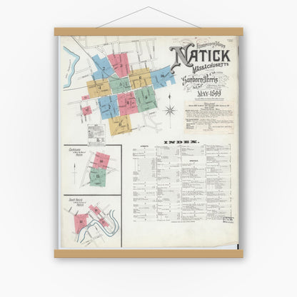 Old map wall art mockup — magnetic wood frame on white wall — Sanborn Fire Insurance Map from Natick, Middlesex County, Massachusetts (1899), Sheet #0001