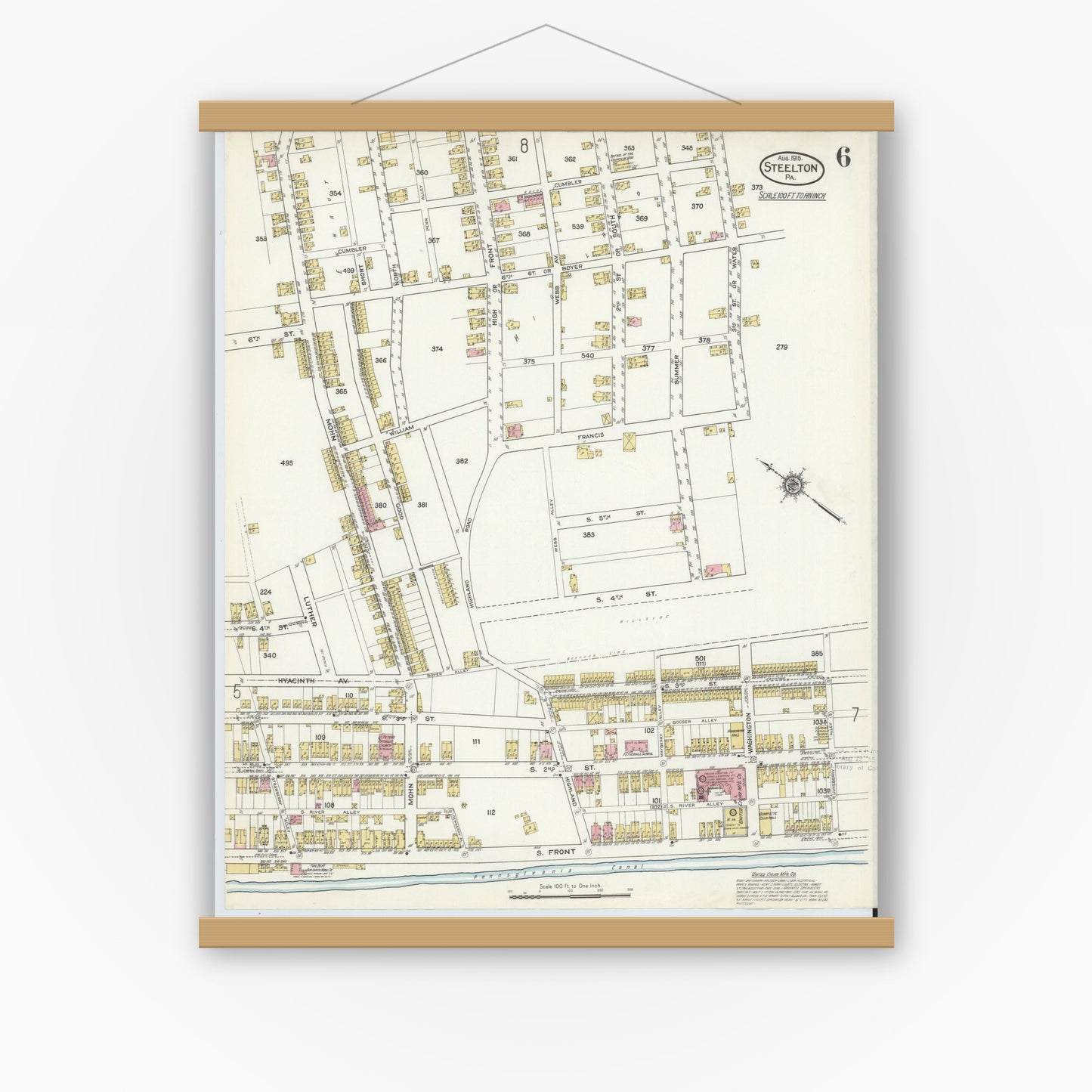 Old map wall art mockup — magnetic wood frame on white wall — Sanborn Fire Insurance Map from Steelton, Dauphin County, Pennsylvania (1915), Sheet #0006