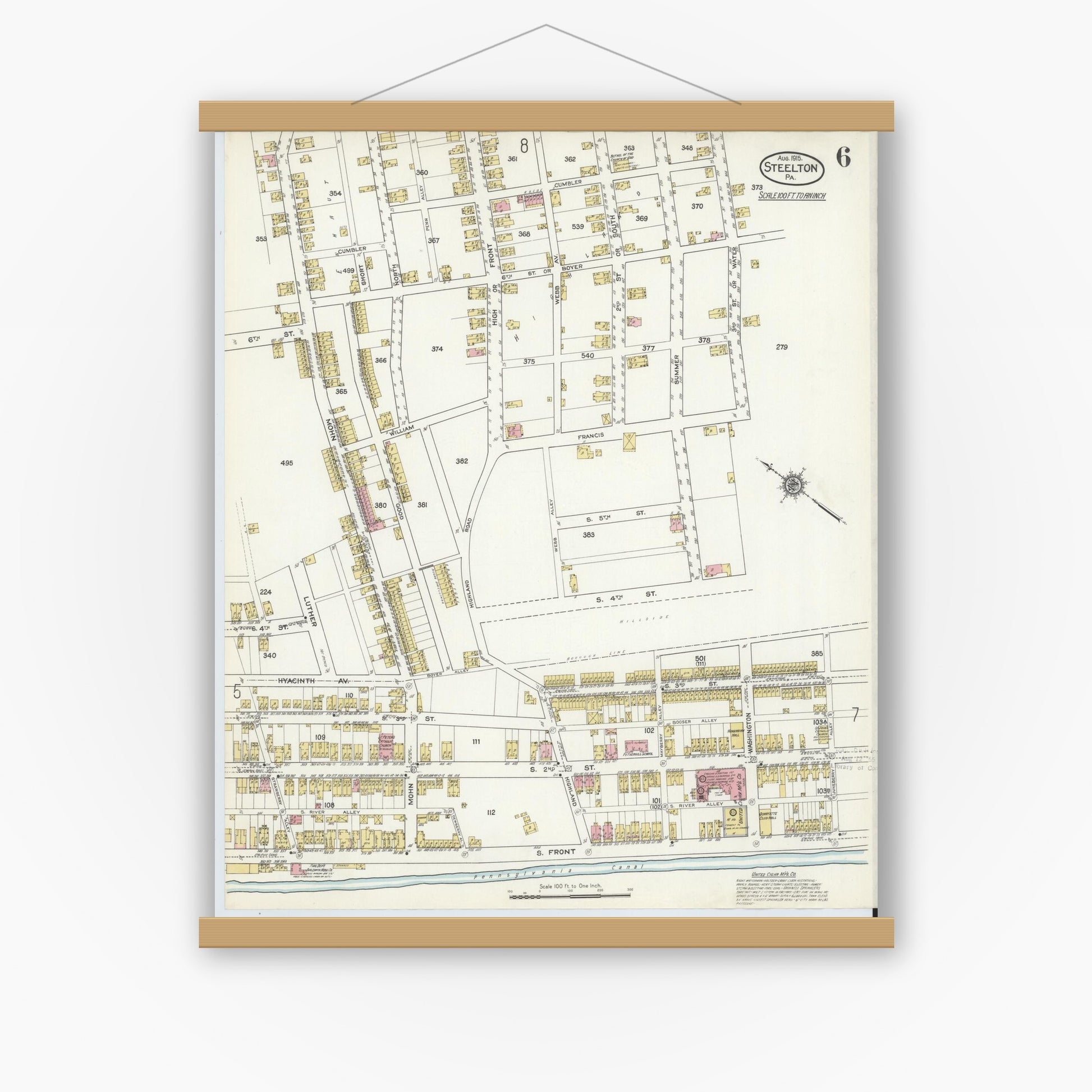 Old map wall art mockup — magnetic wood frame on white wall — Sanborn Fire Insurance Map from Steelton, Dauphin County, Pennsylvania (1915), Sheet #0006