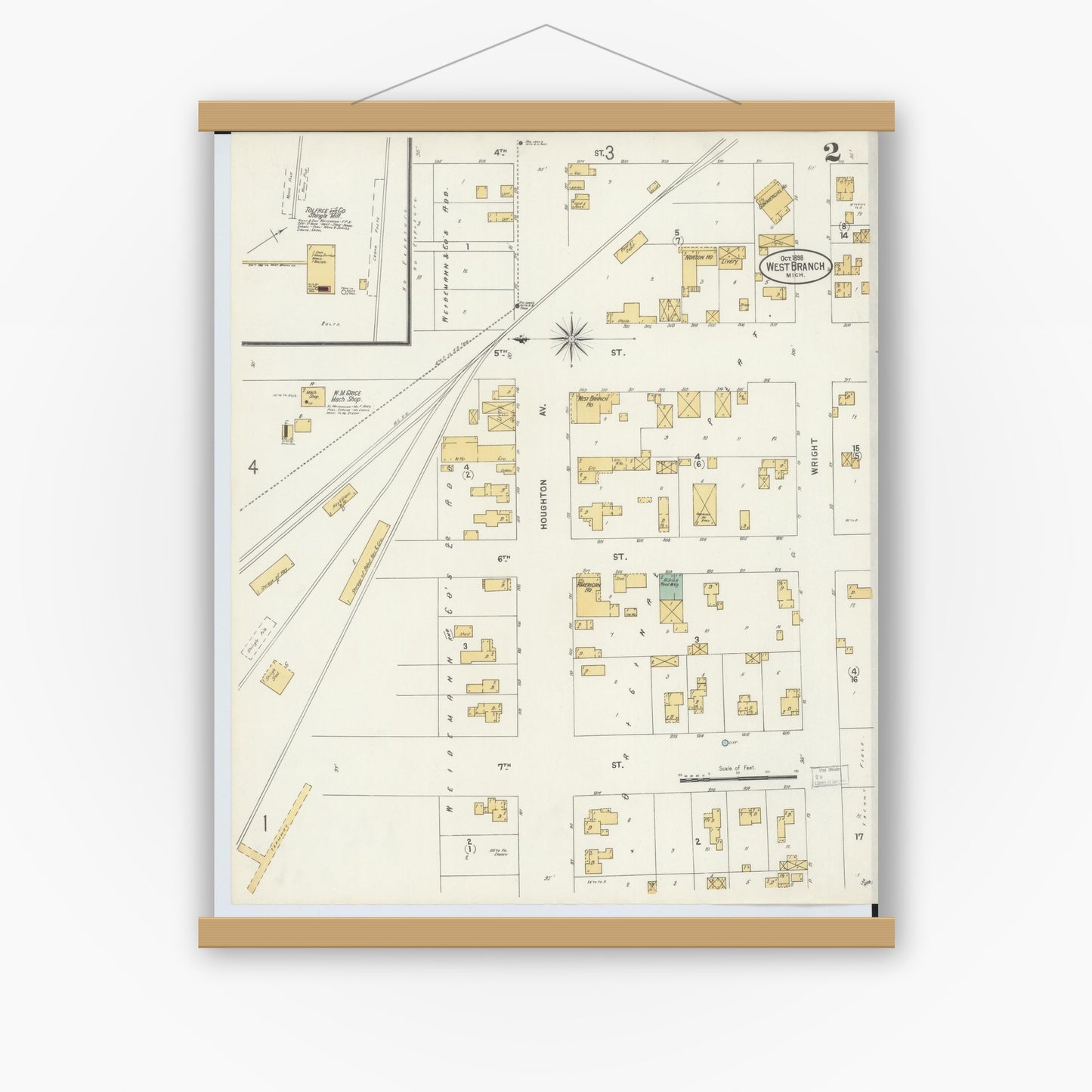 Old map wall art mockup — magnetic wood frame on white wall — Sanborn Fire Insurance Map from West Branch, Ogemaw County, Michigan (1898), Sheet #0002