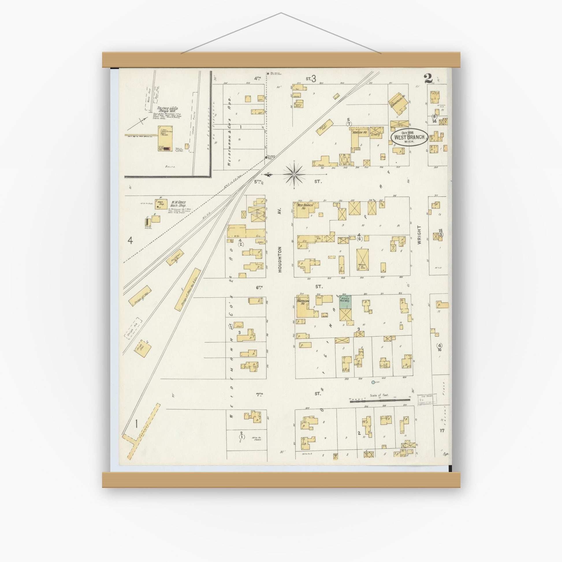 Old map wall art mockup — magnetic wood frame on white wall — Sanborn Fire Insurance Map from West Branch, Ogemaw County, Michigan (1898), Sheet #0002