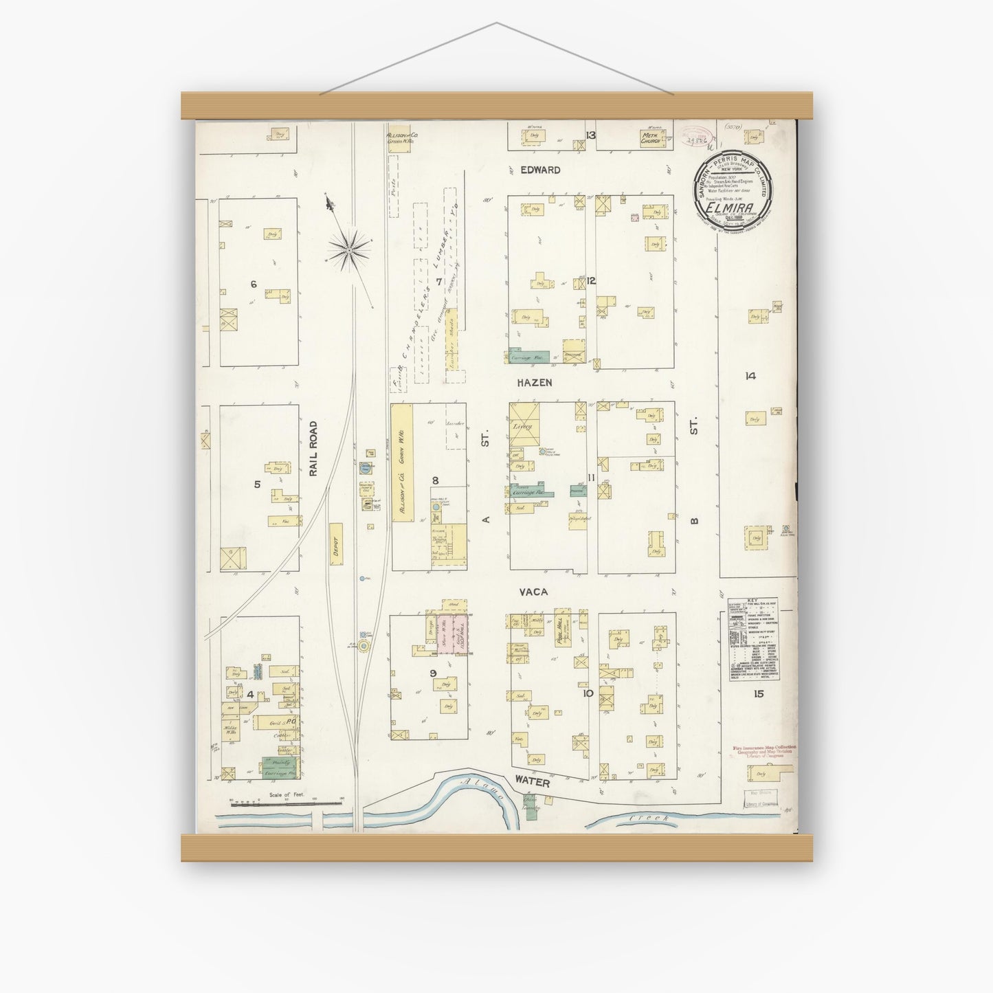 Old map wall art mockup — magnetic wood frame on white wall — Sanborn Fire Insurance Map from Elmira, Solano County, California (1889), Sheet #0001