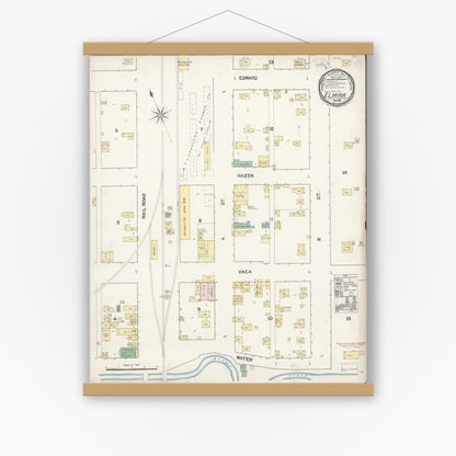 Old map wall art mockup — magnetic wood frame on white wall — Sanborn Fire Insurance Map from Elmira, Solano County, California (1889), Sheet #0001