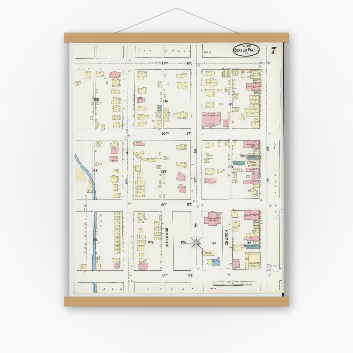 Old map wall art mockup — magnetic wood frame on white wall — Sanborn Fire Insurance Map from Beaver Falls, Beaver County, Pennsylvania (1891), Sheet #0007