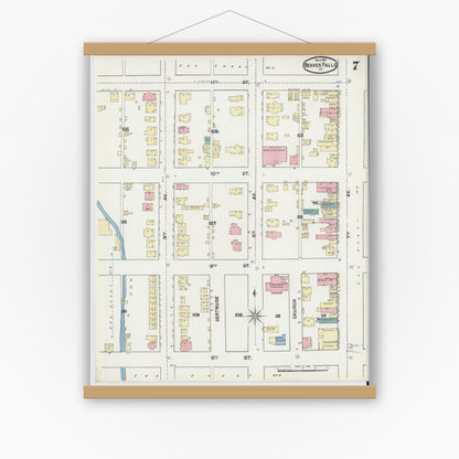 Old map wall art mockup — magnetic wood frame on white wall — Sanborn Fire Insurance Map from Beaver Falls, Beaver County, Pennsylvania (1891), Sheet #0007