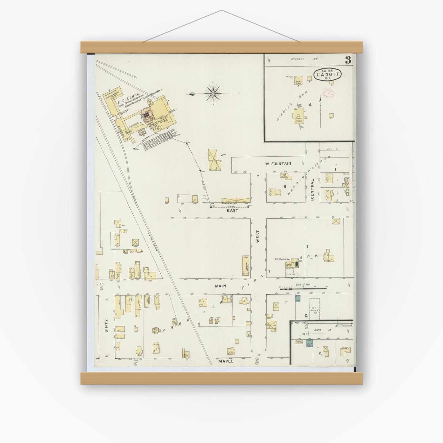 Old map wall art mockup — magnetic wood frame on white wall — Sanborn Fire Insurance Map from Cadott, Chippewa County, Wisconsin (1894), Sheet #0003