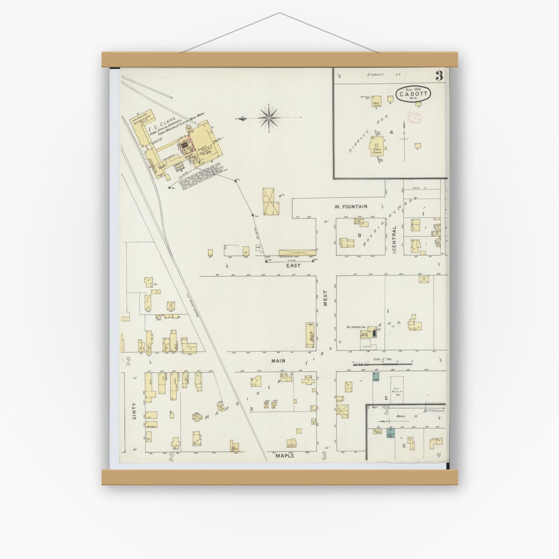 Old map wall art mockup — magnetic wood frame on white wall — Sanborn Fire Insurance Map from Cadott, Chippewa County, Wisconsin (1894), Sheet #0003