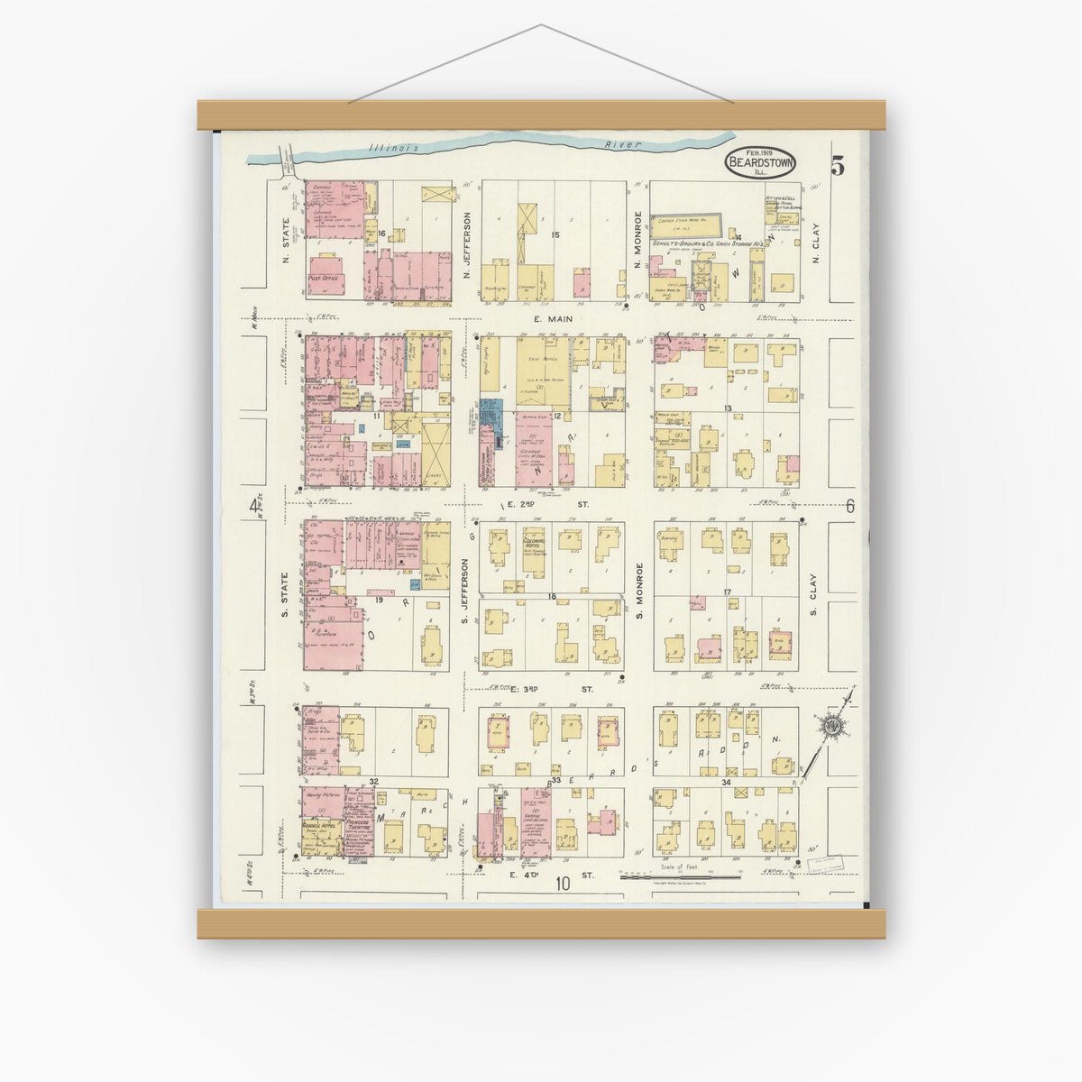 Old map wall art mockup — magnetic wood frame on white wall — Sanborn Fire Insurance Map from Beardstown, Cass County, Illinois (1919), Sheet #0005
