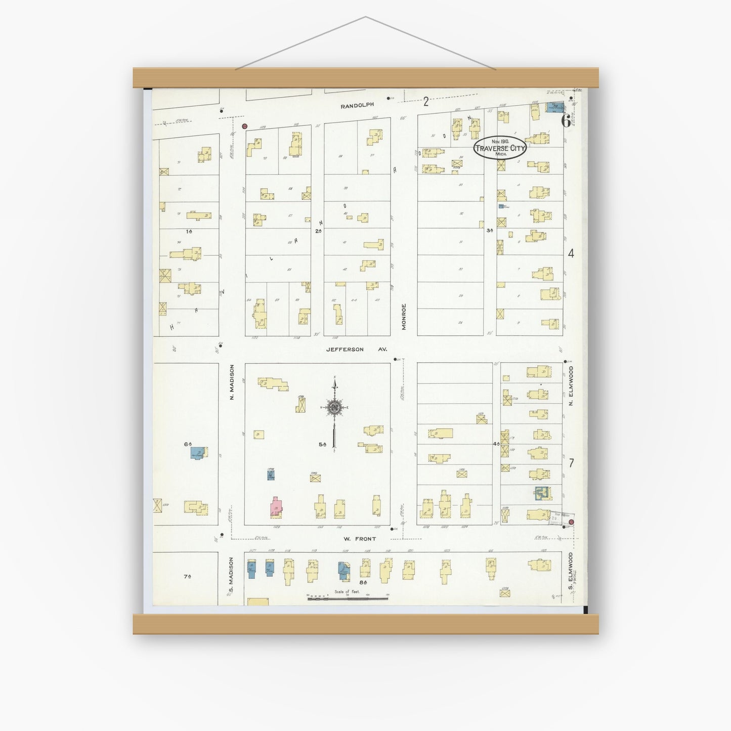 Old map wall art mockup — magnetic wood frame on white wall — Sanborn Fire Insurance Map from Traverse City, Grand Traverse County, Michigan (1910), Sheet #0006