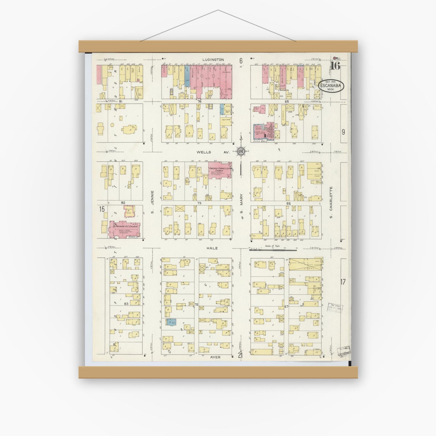 Old map wall art mockup — magnetic wood frame on white wall — Sanborn Fire Insurance Map from Escanaba, Delta County, Michigan (1913), Sheet #0016