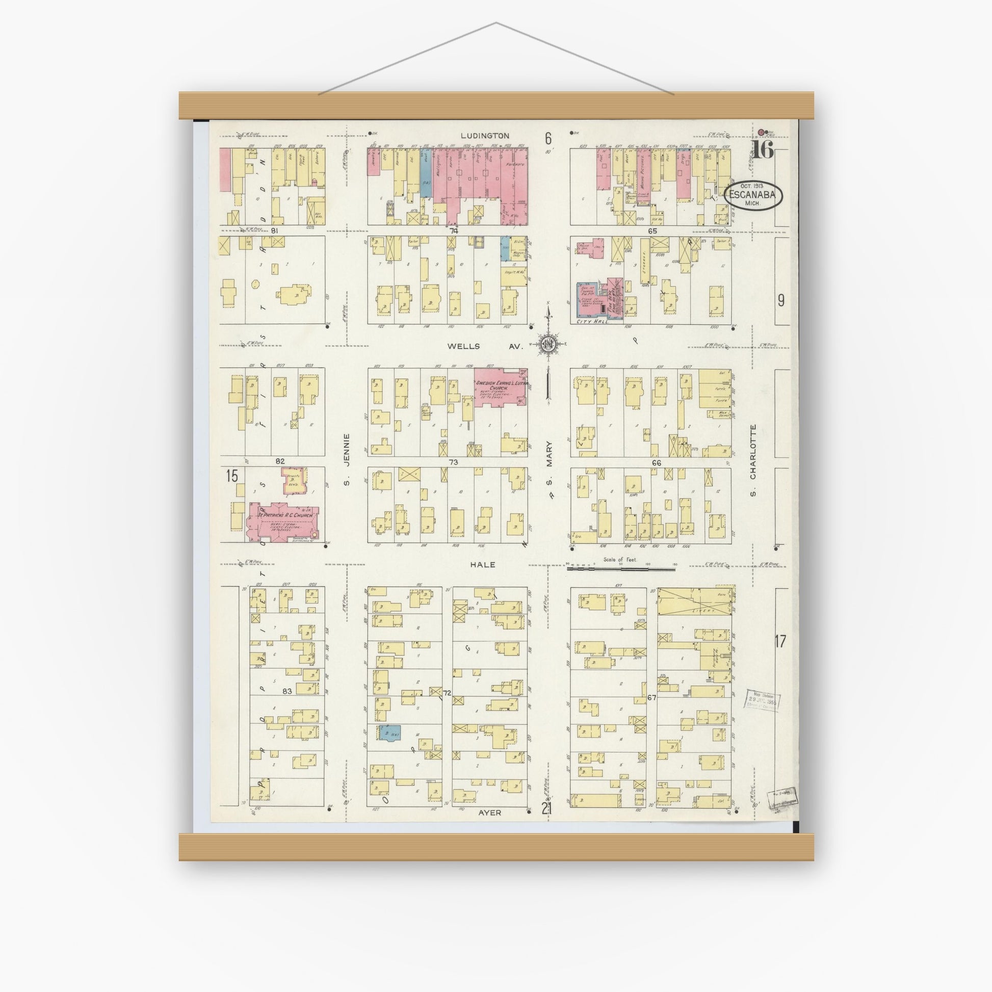 Old map wall art mockup — magnetic wood frame on white wall — Sanborn Fire Insurance Map from Escanaba, Delta County, Michigan (1913), Sheet #0016