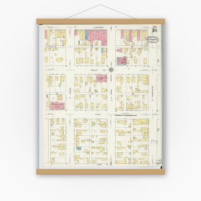 Old map wall art mockup — magnetic wood frame on white wall — Sanborn Fire Insurance Map from Escanaba, Delta County, Michigan (1913), Sheet #0016