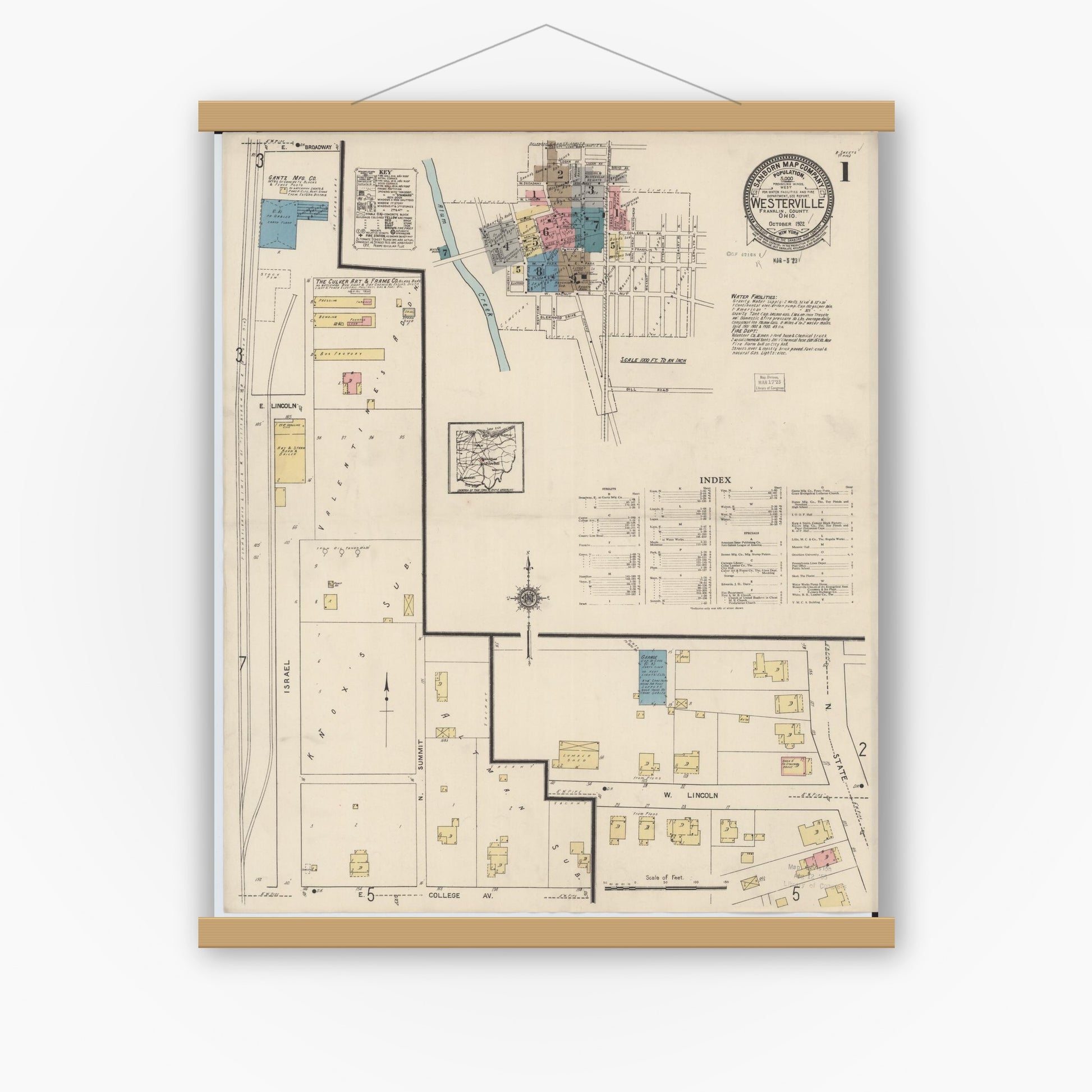 Old map wall art mockup — magnetic wood frame on white wall — Sanborn Fire Insurance Map from Westerville, Franklin County, Ohio (1922), Sheet #0001