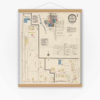 Old map wall art mockup — magnetic wood frame on white wall — Sanborn Fire Insurance Map from Westerville, Franklin County, Ohio (1922), Sheet #0001