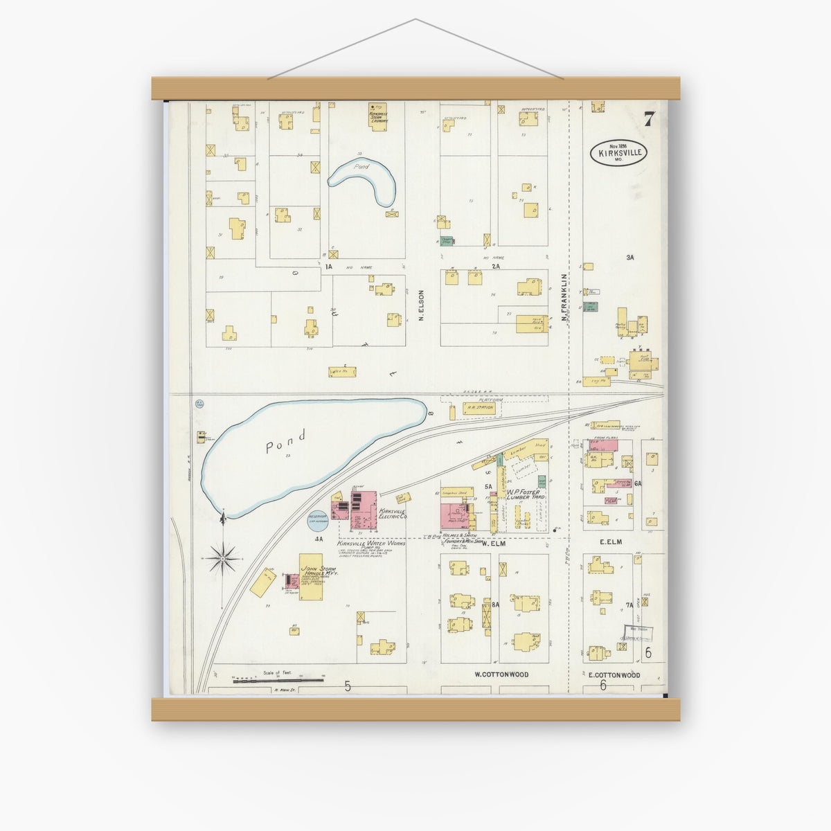 Old map wall art mockup — magnetic wood frame on white wall — Sanborn Fire Insurance Map from Kirksville, Adair County, Missouri (1898), Sheet #0007