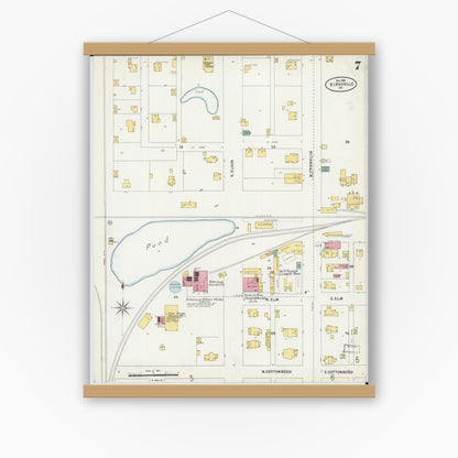 Old map wall art mockup — magnetic wood frame on white wall — Sanborn Fire Insurance Map from Kirksville, Adair County, Missouri (1898), Sheet #0007
