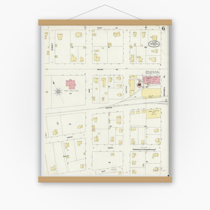 Old map wall art mockup — magnetic wood frame on white wall — Sanborn Fire Insurance Map from Terrell, Kaufman County, Texas (1897), Sheet #0006