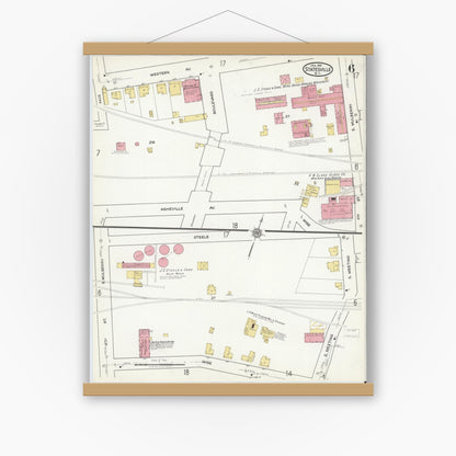 Old map wall art mockup — magnetic wood frame on white wall — Sanborn Fire Insurance Map from Statesville, Iredell County, North Carolina (1918), Sheet #0006