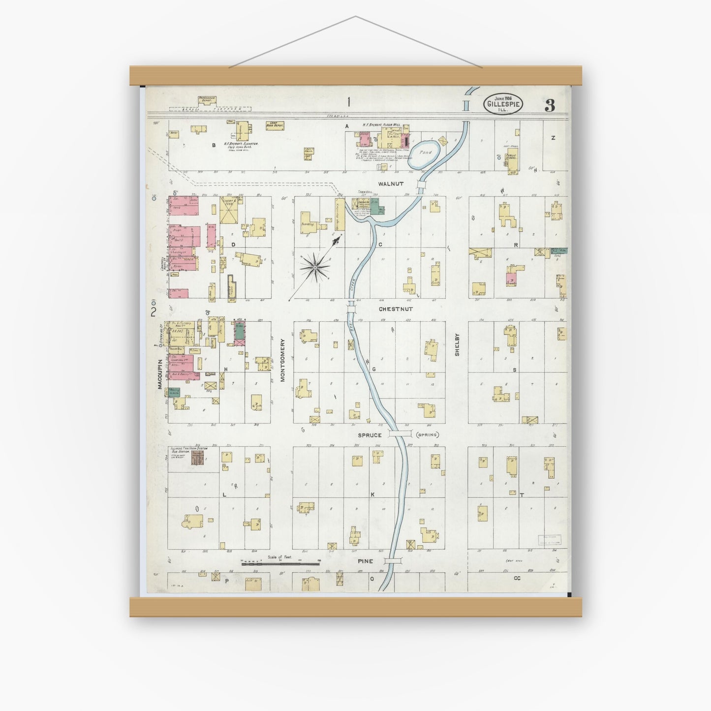 Old map wall art mockup — magnetic wood frame on white wall — Sanborn Fire Insurance Map from Gillespie, Macoupin County, Illinois (1906), Sheet #0003