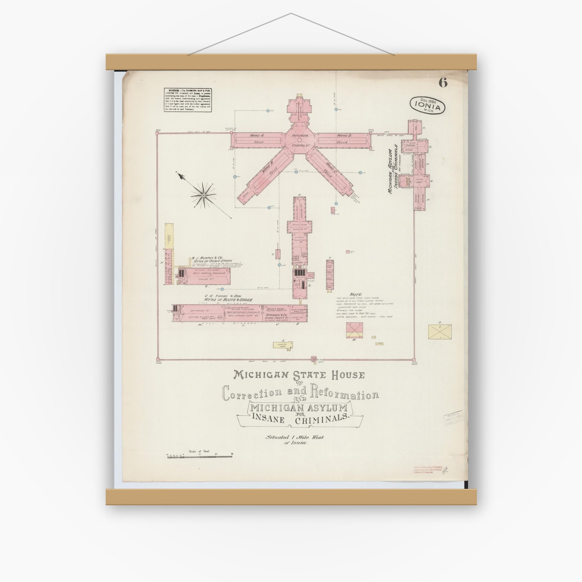 Old map wall art mockup — magnetic wood frame on white wall — Sanborn Fire Insurance Map from Ionia, Ionia County, Michigan (1884), Sheet #0006