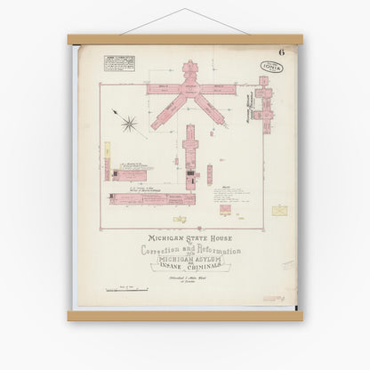 Old map wall art mockup — magnetic wood frame on white wall — Sanborn Fire Insurance Map from Ionia, Ionia County, Michigan (1884), Sheet #0006