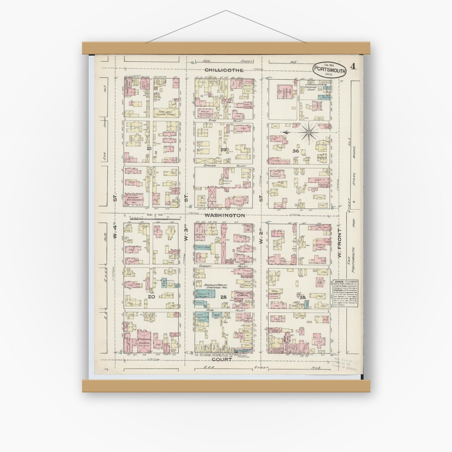 Old map wall art mockup — magnetic wood frame on white wall — Sanborn Fire Insurance Map from Portsmouth, Scioto County, Ohio (1884), Sheet #0004