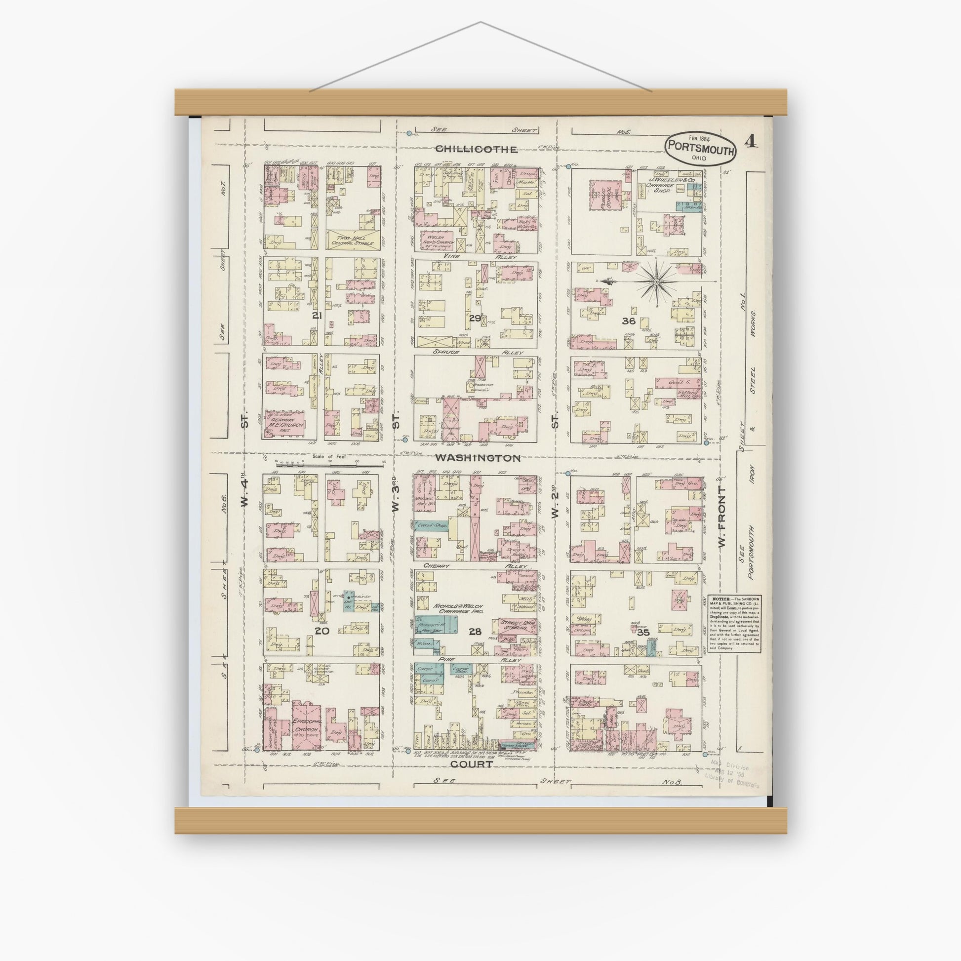Old map wall art mockup — magnetic wood frame on white wall — Sanborn Fire Insurance Map from Portsmouth, Scioto County, Ohio (1884), Sheet #0004