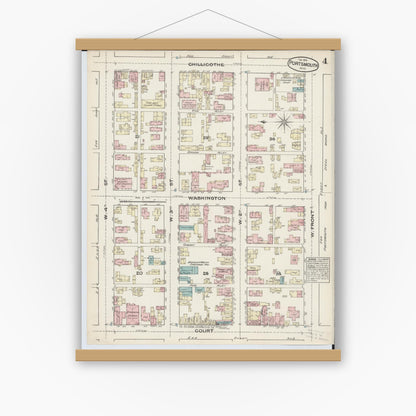 Old map wall art mockup — magnetic wood frame on white wall — Sanborn Fire Insurance Map from Portsmouth, Scioto County, Ohio (1884), Sheet #0004
