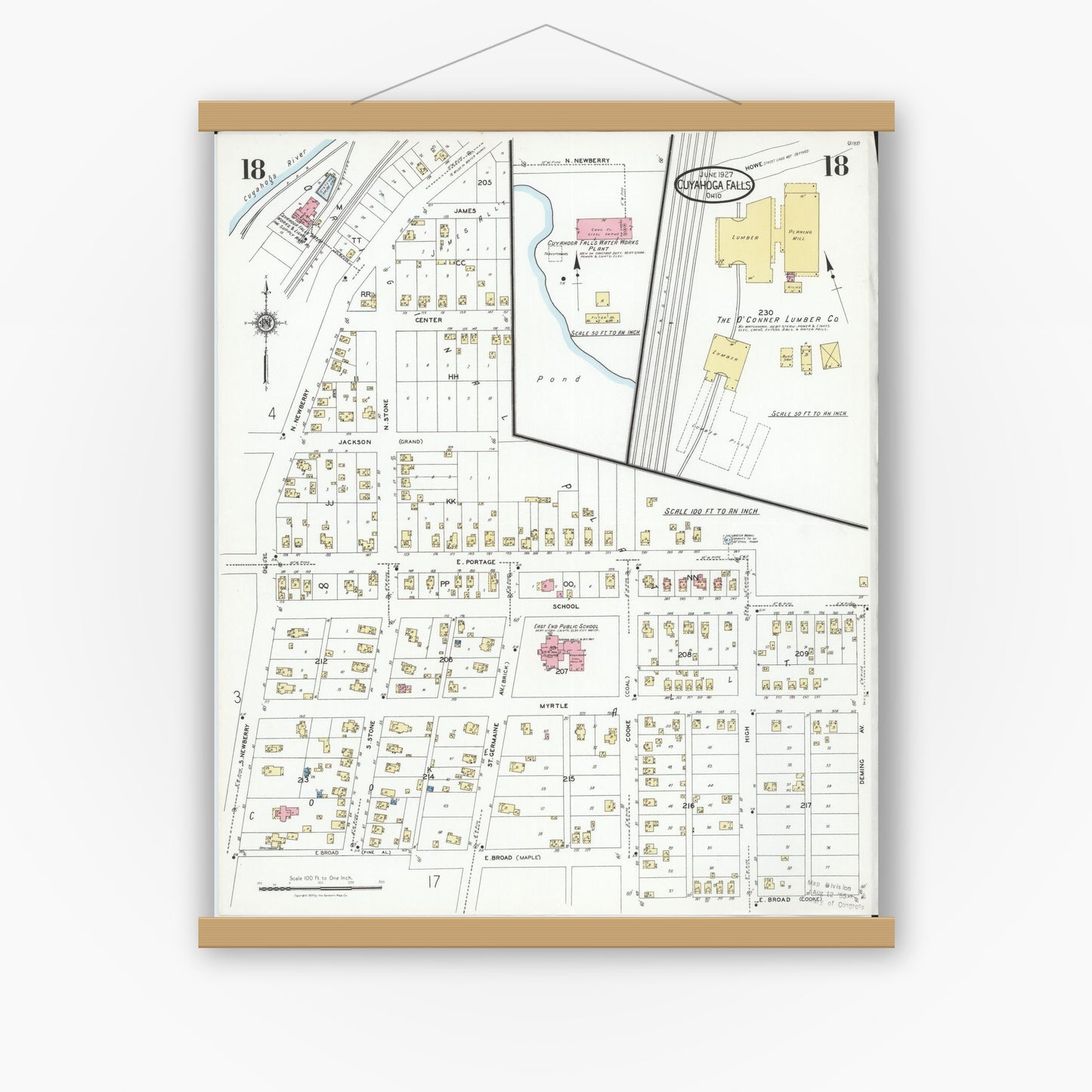 Old map wall art mockup — magnetic wood frame on white wall — Sanborn Fire Insurance Map from Cuyahoga Falls, Summit County, Ohio (1927), Sheet #0018