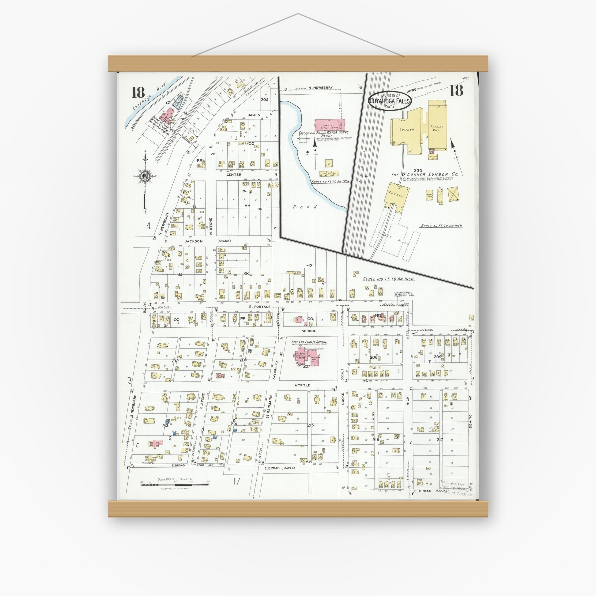 Old map wall art mockup — magnetic wood frame on white wall — Sanborn Fire Insurance Map from Cuyahoga Falls, Summit County, Ohio (1927), Sheet #0018