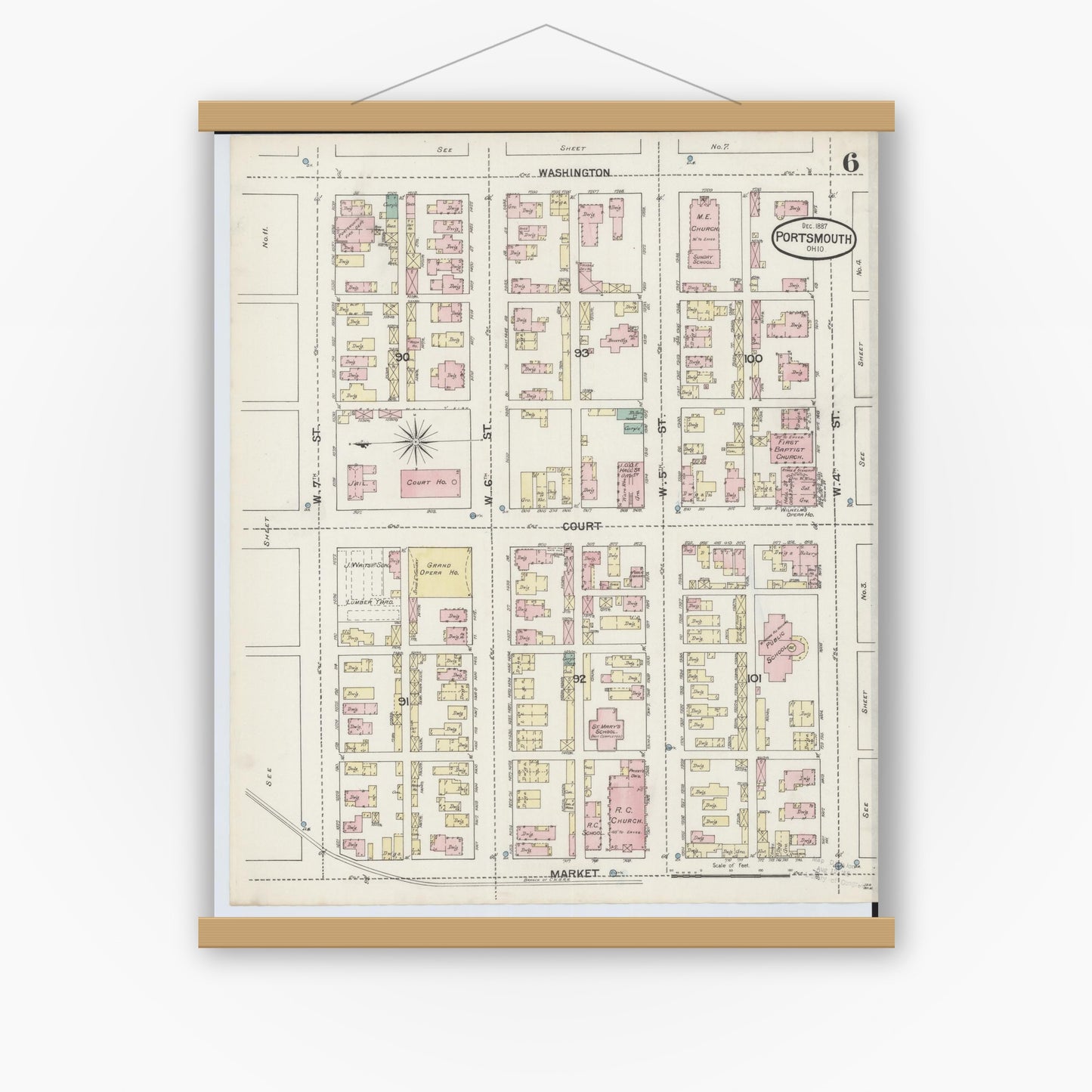 Old map wall art mockup — magnetic wood frame on white wall — Sanborn Fire Insurance Map from Portsmouth, Scioto County, Ohio (1887), Sheet #0006