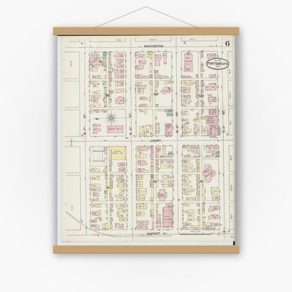 Old map wall art mockup — magnetic wood frame on white wall — Sanborn Fire Insurance Map from Portsmouth, Scioto County, Ohio (1887), Sheet #0006