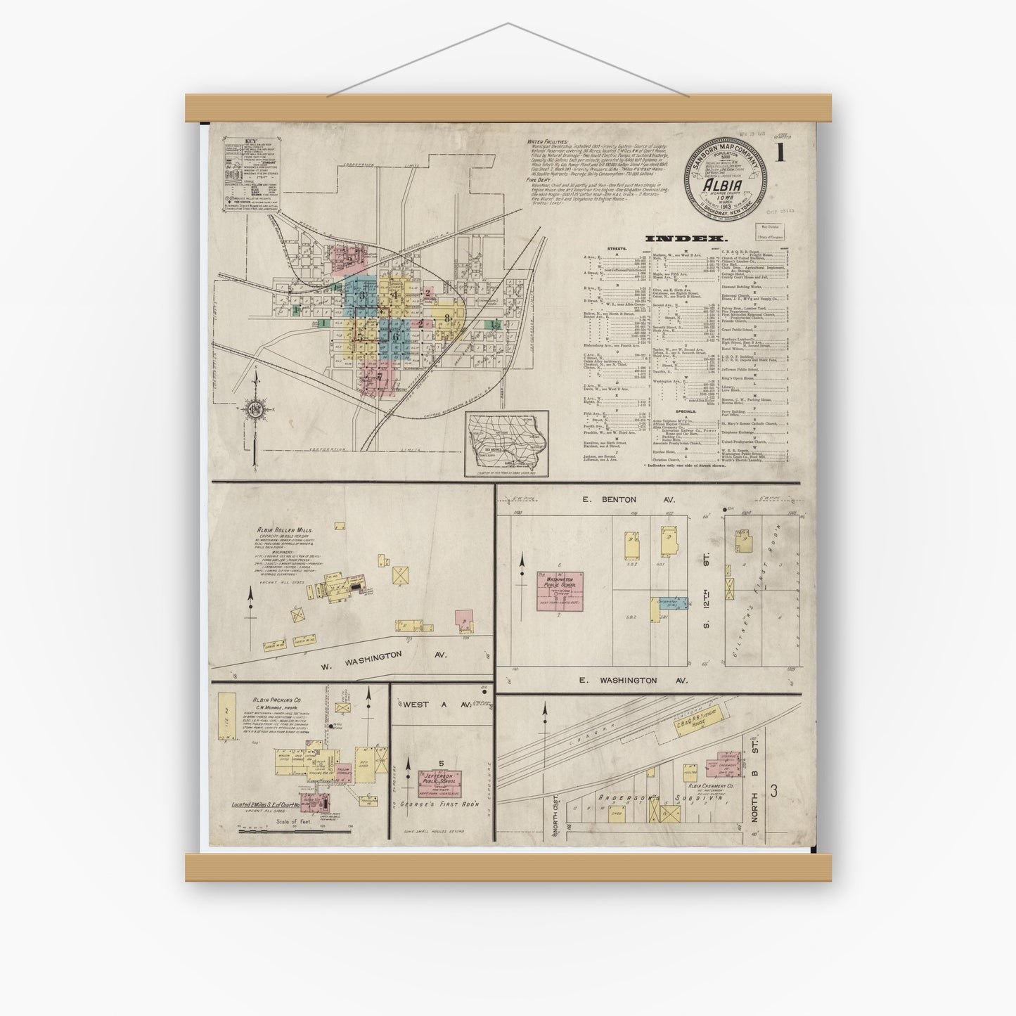 Old map wall art mockup — magnetic wood frame on white wall — Sanborn Fire Insurance Map from Albia, Monroe County, Iowa (1913) â€” Complete Set
