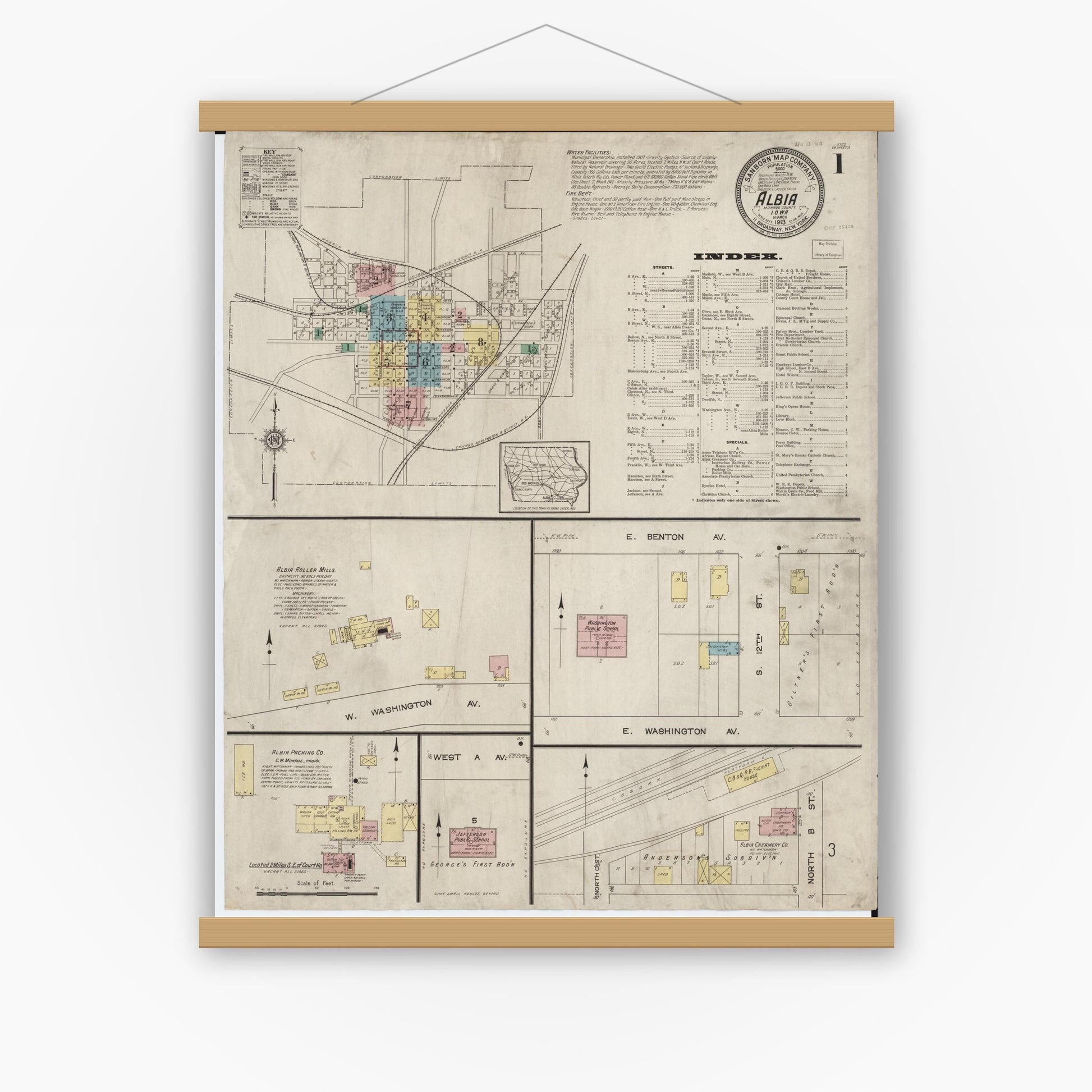 Old map wall art mockup — magnetic wood frame on white wall — Sanborn Fire Insurance Map from Albia, Monroe County, Iowa (1913) â€” Complete Set