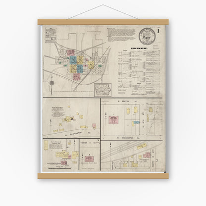 Old map wall art mockup — magnetic wood frame on white wall — Sanborn Fire Insurance Map from Albia, Monroe County, Iowa (1913) â€” Complete Set