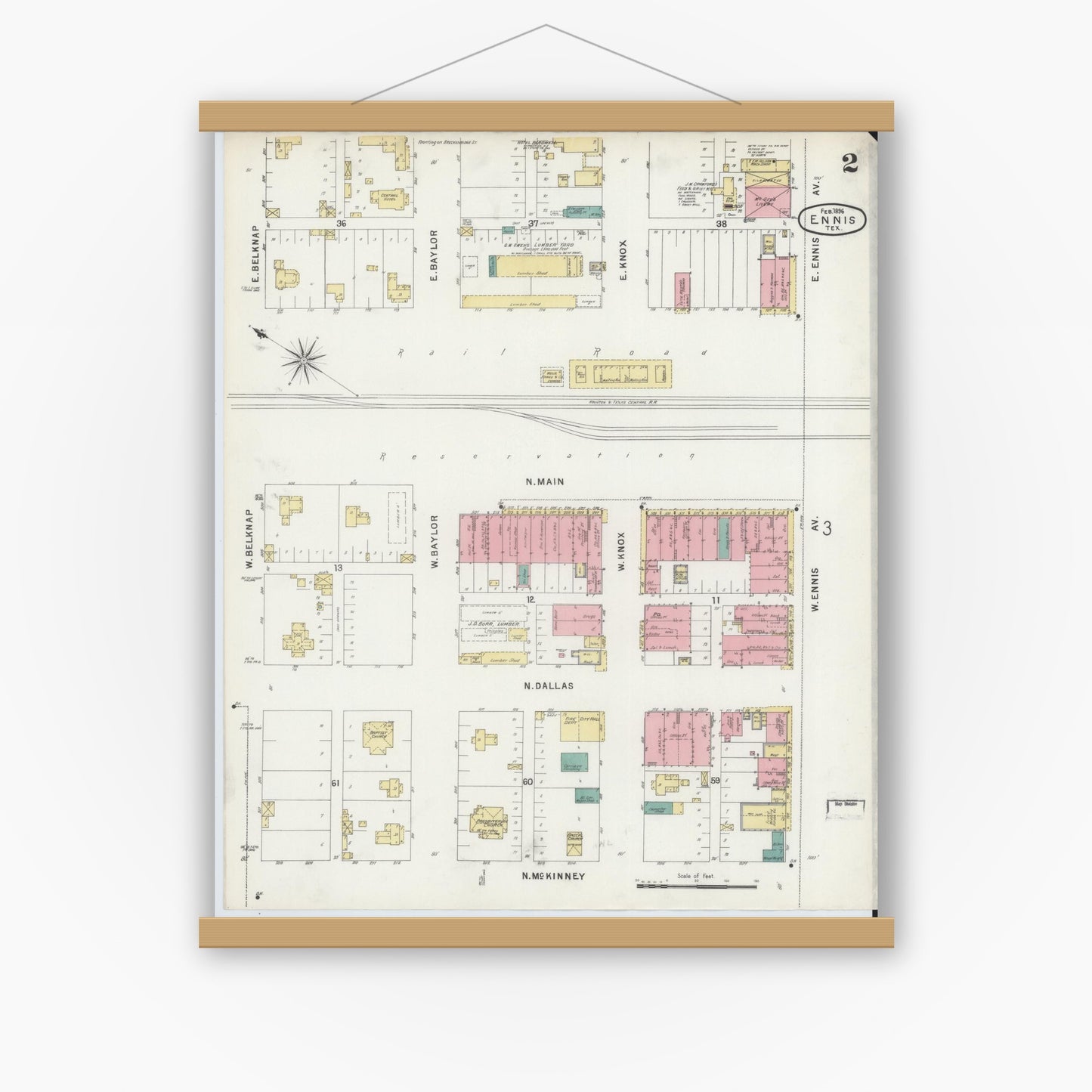 Old map wall art mockup — magnetic wood frame on white wall — Sanborn Fire Insurance Map from Ennis, Ellis County, Texas (1896), Sheet #0002