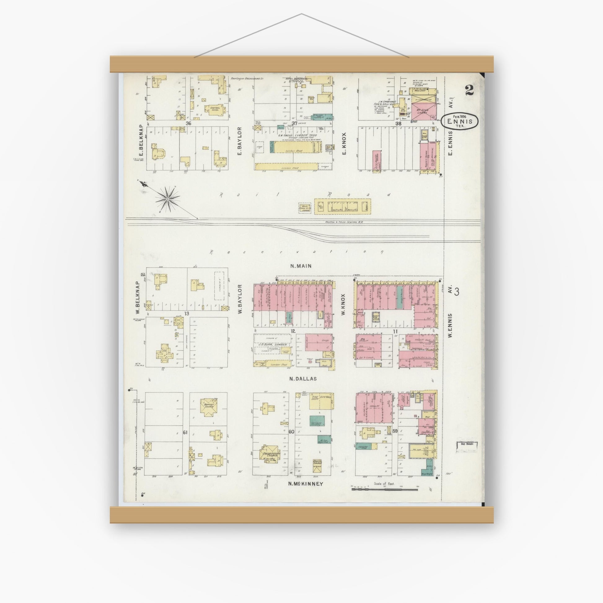 Old map wall art mockup — magnetic wood frame on white wall — Sanborn Fire Insurance Map from Ennis, Ellis County, Texas (1896), Sheet #0002