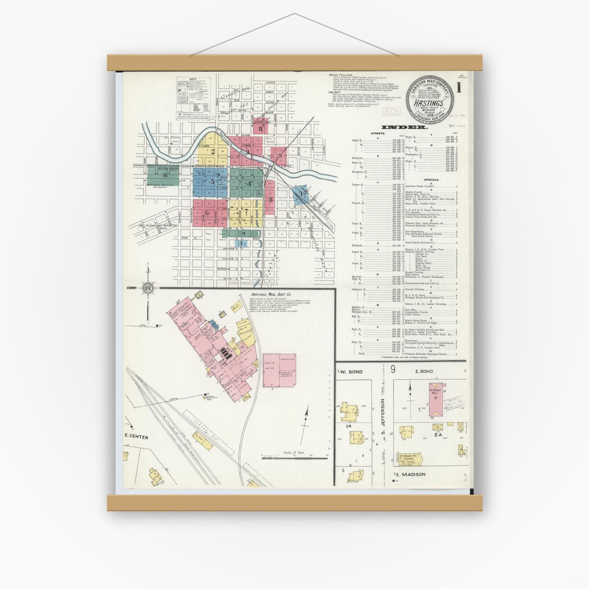 Old map wall art mockup — magnetic wood frame on white wall — Sanborn Fire Insurance Map from Hastings, Barry County, Michigan (1909), Sheet #0001