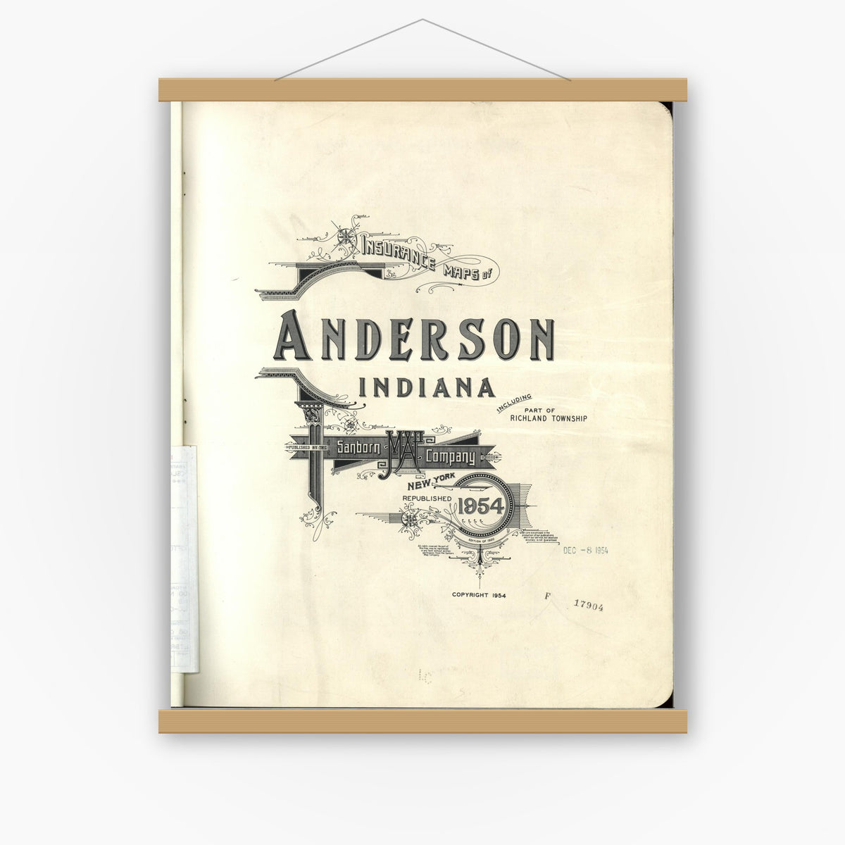 Old map wall art mockup — magnetic wood frame on white wall — Sanborn Fire Insurance Map from Anderson, Madison County, Indiana (1954), Sheet #0001