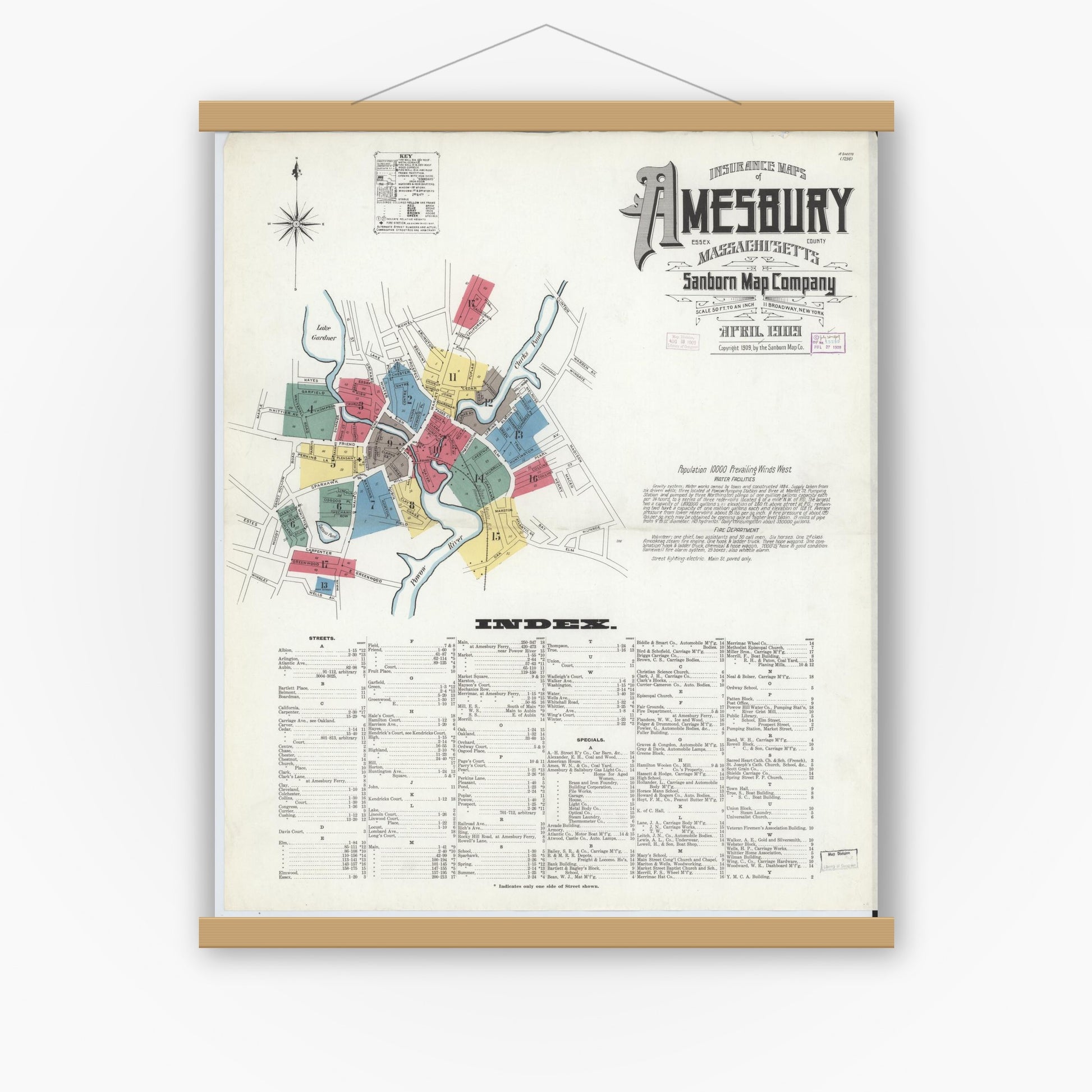 Old map wall art mockup — magnetic wood frame on white wall — Sanborn Fire Insurance Map from Amesbury, Essex County, Massachusetts (1909), Sheet #0001