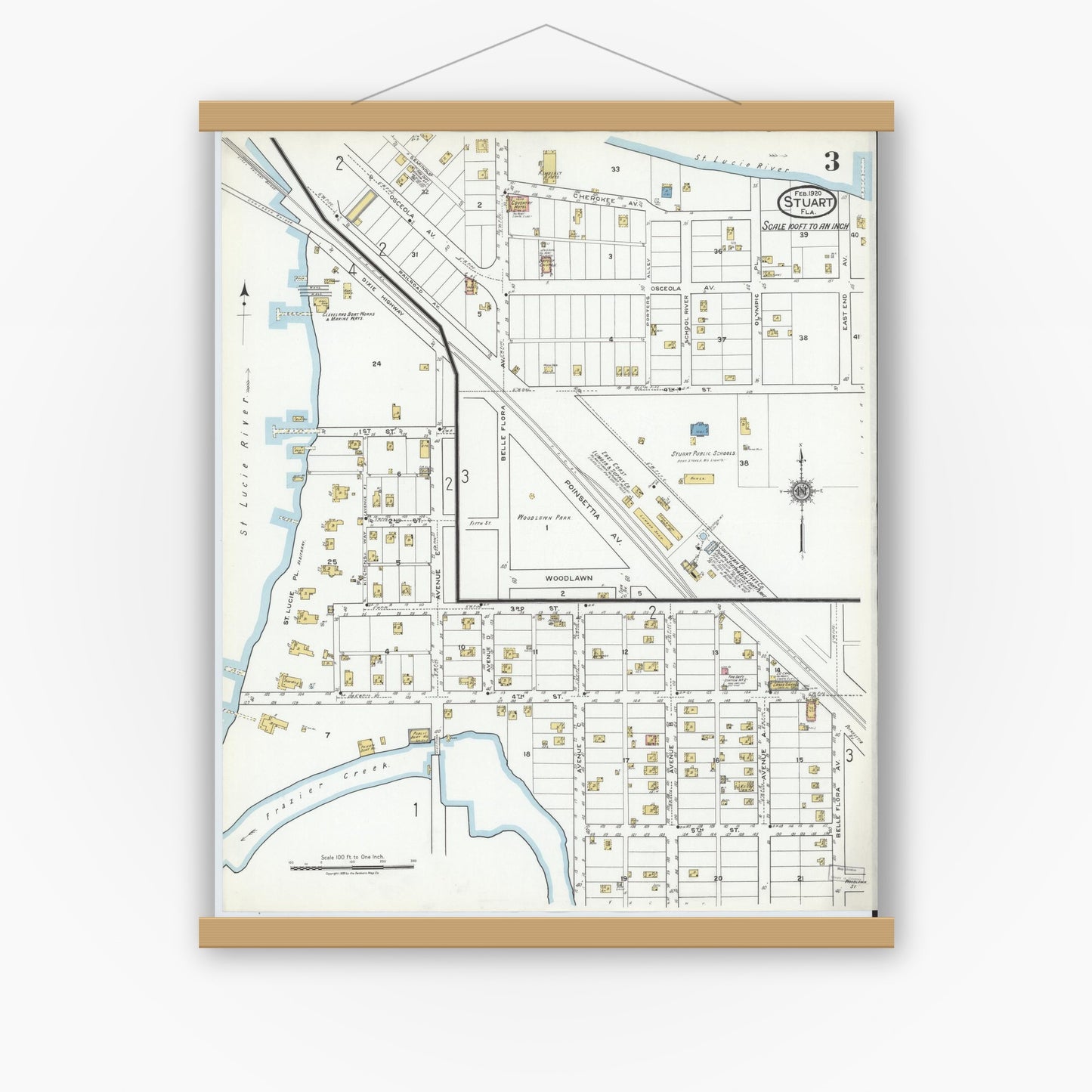 Old map wall art mockup — magnetic wood frame on white wall — Sanborn Fire Insurance Map from Stuart, Martin County, Florida (1920), Sheet #0003